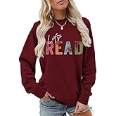 CUZIUAE Let's Read Sweatshirt Women Reading Book Sweatshirts Funny Graphic Shirts Library Book Pullover Long Sleeve Tops