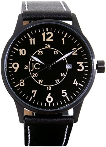 Jean Constantine Aviator Pilot Watch with Swiss Ronda, Date Mineral Glass Watch Genuine Leather Watch 5 ATM - Black/Ochre, 42