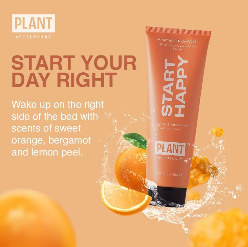 Plant Apothecary Start Happy Natural Moisturizing Body Wash - Citrus Aromatherapy Body Wash for Women and Men with Bergamot and Vitamin C - 8.4 fl oz