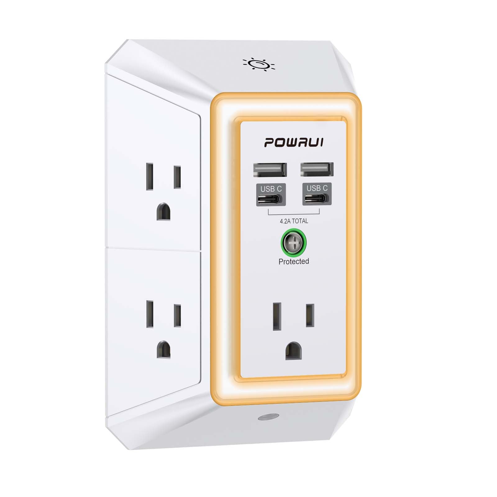 3-Sided Outlet Extender with Night Light - POWRUI Multi Plug Outlet with 5 Outlets and 4 USB Ports(2 USB-C), USB Wall Charger for Home, Office, Travel, ETL Listed, White