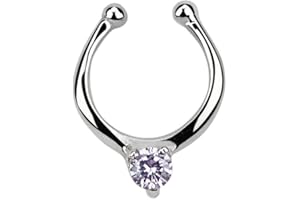 Pierced Owl - 18G Sterling Silver CZ Crystal Center Clip On Non-Piercing Septum Ring