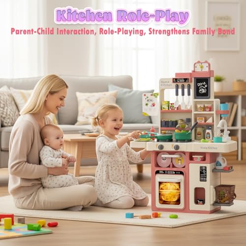 Prikpont Kids Toy Kitchen Playset, 63 Pcs Play Kitchen Set for Kids with Real Interactive Lights & Sounds, Water Sink & Accessories, Pretend Cooking Set Toy, Ideal Birthday Gift for Girls Age 3+