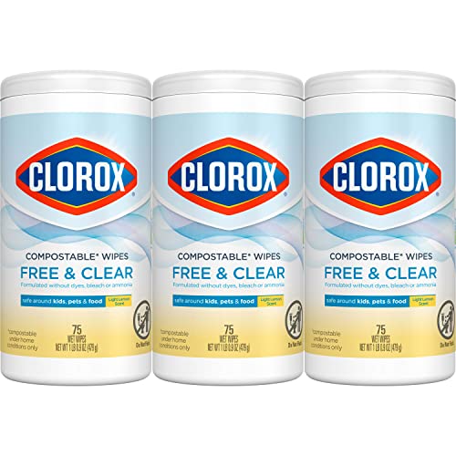 Clorox Free & Clear Compostable Cleaning Wipes, Light Lemon Scent, 75