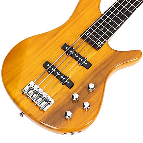 Exquisite Stylish GIB Electric 5 String Bass Guitar Full Size Bag Strap Pick Connector Wrench Tool (Transparent Yellow)
