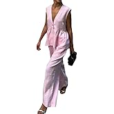Wuitrie Pant Sets Women 2 Piece Outfits Sleeveless V Neck Vest Wide Leg Pants Going Out Beach Vacation Sets for Women