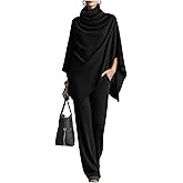 Women's 2 Piece Outfits Turtleneck Shawl Batwing Knitting Tops Cape Poncho Top and Wide Leg Pants Elegant Drape Two Piece Set