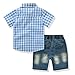 FERENYI Toddler Boy's Clothes Short Sleeved Plaid Woven Shirt with Denim Shorts Sets (2 Years, Blue)