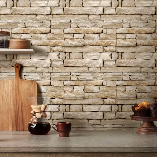 COMSTICKC 3D Stone Adhesive Panels, Brown, 10 Pieces 30 x 30 cm, 3D Brick Wall Stickers, PVC Faux Stone Panel for Decorative Interior Walls Kitchen, Bathroom, Living Room