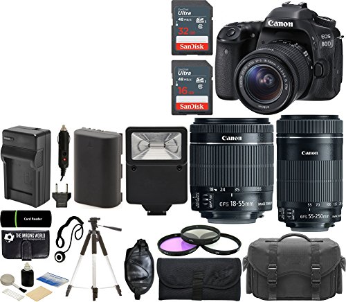 Canon EOS 80D 24.2MP Wi-Fi Digital SLR Camera with 18-55mm IS STM + Canon EF-S 55-250mm IS STM Lens + SanDisk 32GB & 16GB Card + Case + Flash + Grip + Tripod + Filter Kit - 48GB Accessories Bundle Canon EOS 80D 24.2MP Wi-Fi Digital SLR Camera with 18-55mm IS STM + Canon EF-S 55-250mm IS STM Lens + SanDisk 32GB & 16GB Card + Case + Flash + Grip + Tripod + Filter Kit - 48GB Acc   essories Bundle
