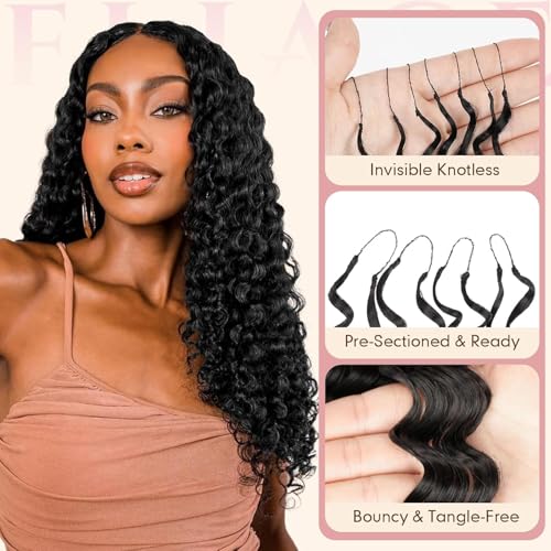 Feather Crochet Hair for Black Women, 100 Strands 140g Deep Wave Crochet Hair for Miracle Knots Hair Pre Separated Invisible Deep Curly Crochet Hair Natural Black (1B#, 18 Inch(100Strands))