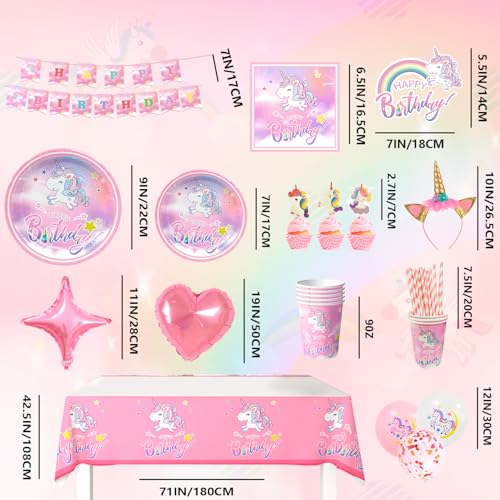 Unicorn Supplies Birthday Party - 130 Pieces Kit Unicorn Birthday Plates Unicorn Cups Napkins Table Cloth Banner etc Party Supplies Theme