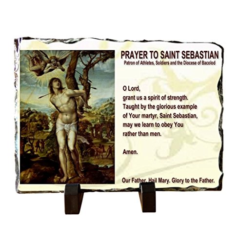 Saint Sebastian Patron of Athletes Stone Slate Plaque Altar with Easel Includes a Laminated Italian Blessed Prayer Card with Gold Accents