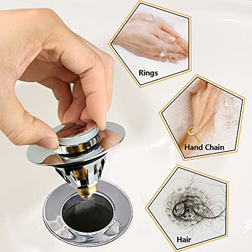 HSicily Pop Up Sink Plug Kitchen Sink Plug Strainer, Universal Stainless Steel Bullet Core Push Type Drain Filter, No Overflow Sink Stopper for Kitchen,Bathroom,Inner Diameter 34mm - 38mm