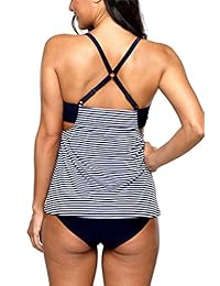 Traje de baño de dos piezas para dama, diseño de rayas, con espalda cruzada