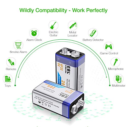 EBL 9V Rechargeable Batteries NiMH Everyday 280mAh 9V Battery for Smoke