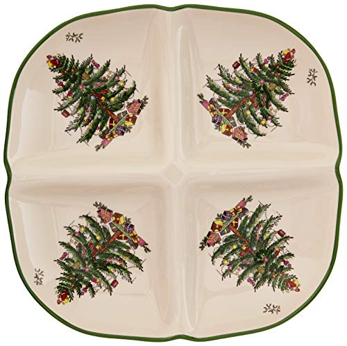 Spode Christmas Tree Sculpted 4-Section Tray - 1-Inch Divided Holiday Serveware in Fine Porcelain for Snacks, Condiments, Appetizers, Festive Tableware - Dishwasher, Microwave, Oven Safe