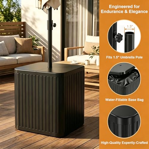 CHENG RONG 2-in-1 Umbrella Side Table – 16.54" Outdoor Patio Table with Fillable 15 Gal Water/Sand Base, Fits 1.5" Pole, UV Resistant for Pool, Deck, Garden (Black)