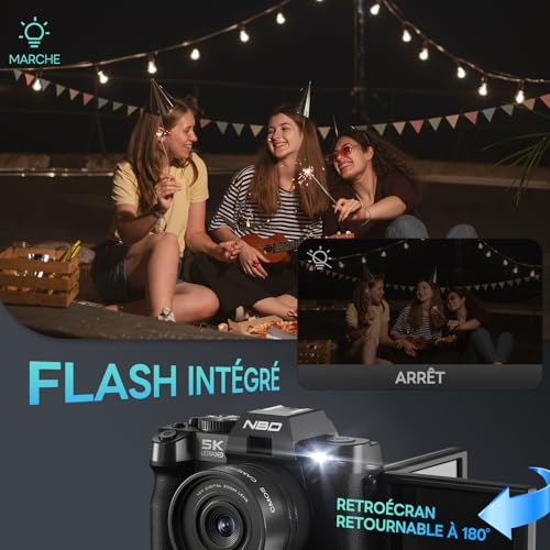 NBD 5K 64MP Digital Camera with Autofocus, 16x Digital Zoom, F1.8 Aperture, 3 Inch 180° IPS Screen, WiFi + Wide Angle/Macro Lens + 64GB Card + 2 Batteries (Deep Black)
