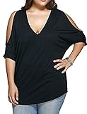 Womens Plus Size Cut Out Sleeve T-shirt Plunge V Neck Casual Tee Tops 3XL Black
