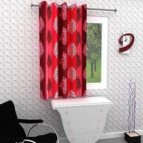 Homely Eyelet Motif Polyester 5 ft Window Curtain -Red