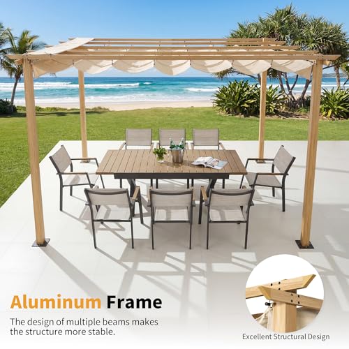 10'x13' Retractable Pergola Canopy, Aluminum Outdoor Patio Gazebo with Adjustable Roof & Sun Shade Canopy, Faux Wood Grain Metal Pergola for Backyard, Deck, Garden, Beige image 26