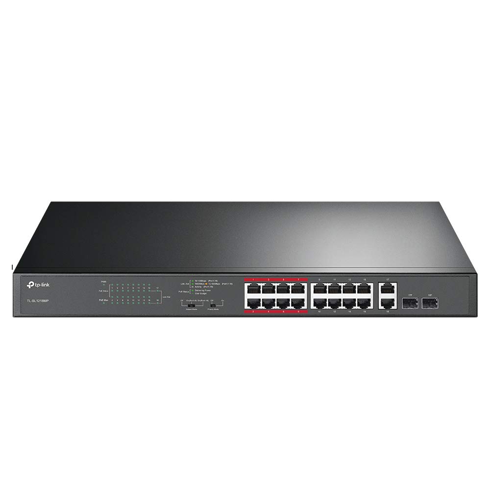 TP-Link TL-SL1218MP 16 Port 10/100Mbps PoE+ Network Switch, 16× PoE+ Ports (Up to 192W), 2× Gigabit RJ45 + 2× SFP Combo Slots,Extend Mode, Port Priority, Plug & Play