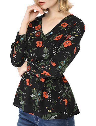 Allegra K Women's Peplum Blouse Vintage V-Neck Long Sleeve Floral Top Black S (US 6)