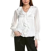 Vince Camuto Womens Double Ruffle Front V-Neck Blouse with Ruffle Cuffs