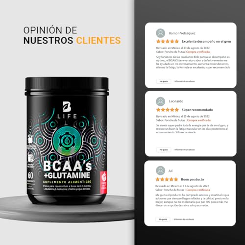 BCAAs con Glutamina en polvo con 60 Porciones. Leucina, Isoleucina, Valina, Glutamina y Agua de Coco. BCAAs + Glutamine Sabor FRUIT PUNCH 558 Gramos B Life.