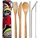 Blulu 2 Set Bamboo Utensils Travel Cutlery Set Flatware Set 7.8 Inches Bamboo Knife Fork Spoon Chopsticks, Stainless Steel Straight Straw Bent Straw with Clean Brush and Cloth Pouch