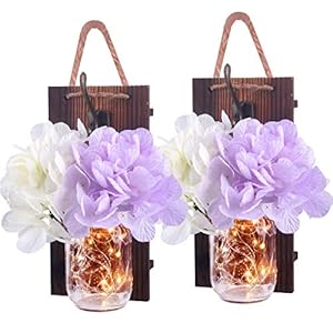 2 Stks van Rustieke muur schansen, Yofuly Vintage Rustieke Houten Home Decor, Smeedijzeren Haken, Zijde Hydrangea en LED…