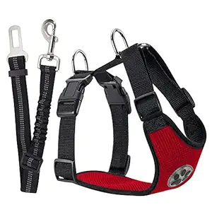 SlowTon Dog Car Harness Plus Connector Strap, Multifunction Adjustable Vest Harness Double Breathable Mesh Fabric with Car Vehicle Safety Seat Belt for Dogs Travel Walking Road Trip(Medium)