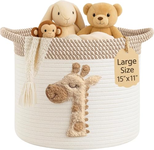 Storage Basket for Nursery， Cotton Rope Bin with Soft Felt Animal Patch Toy Organizer, Baby Laundry Hamper, Diaper & Towel Holder Foldable, Washable Baby Safe（ Giraffes ）