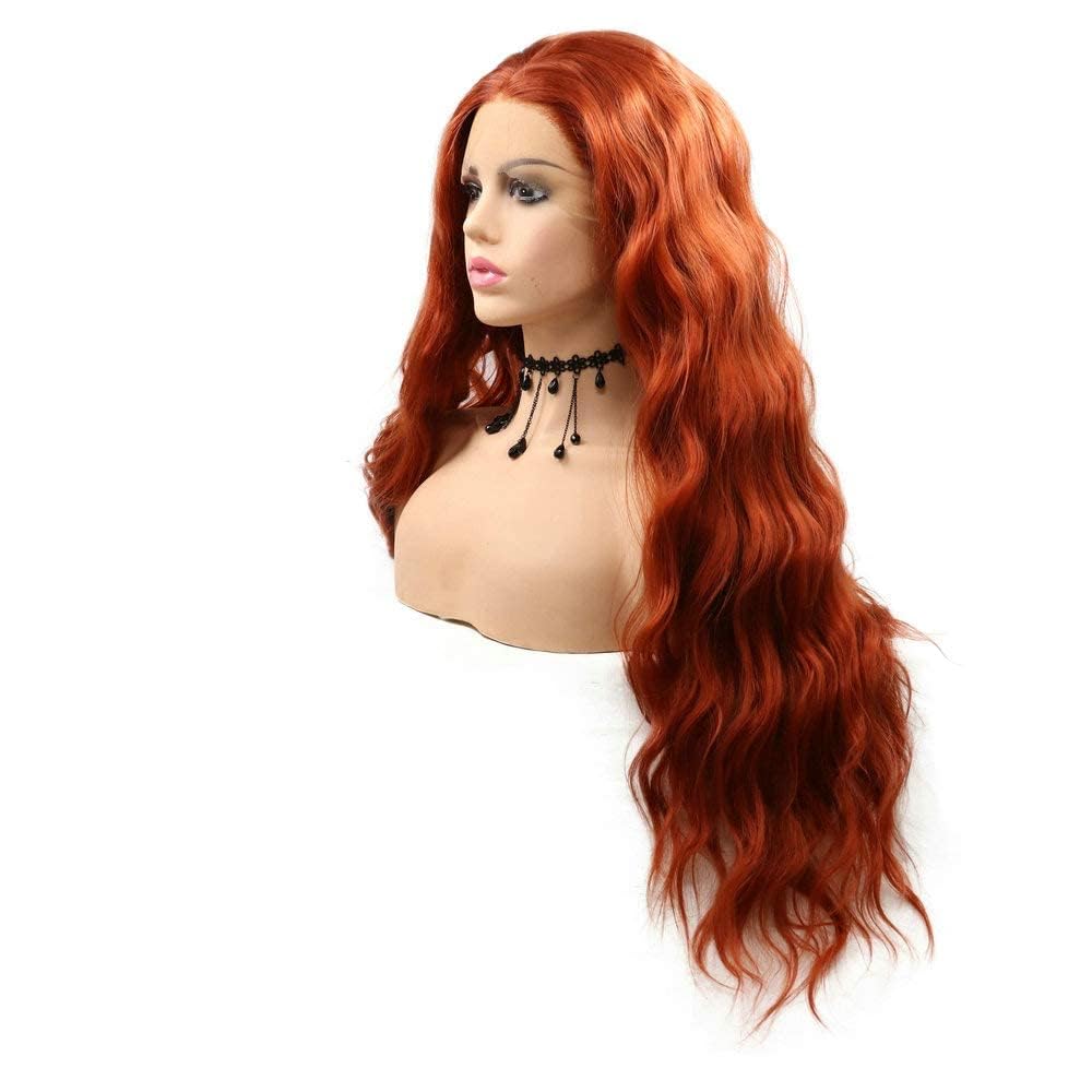RainaHair 24inch Copper Red Long Water Wave Cosplay Women Wigs Orange Synthetic Lace Front Wigs Natural Looking Heat Resistant Fiber Hair for Ladies Party