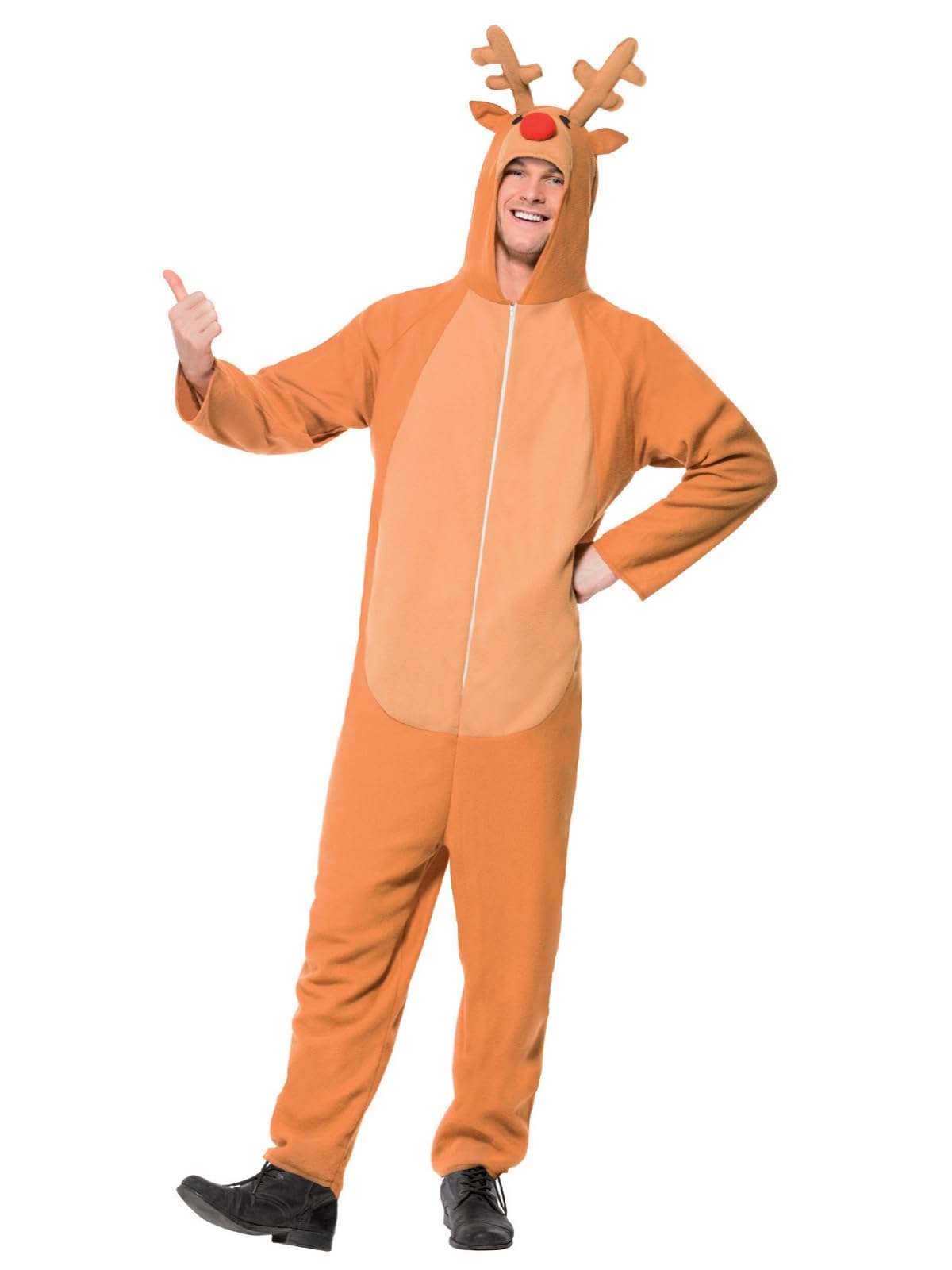 Smiffys Reindeer Costume for Adults, Brown Christmas Fancy Dress Bodysuit with Hood, Antlers and Red Nose, Festive Rudolph and Santa’s Sleigh Reindeer Onesie for Men and Women Holiday Parties, Xlarge