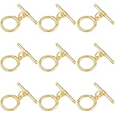 Beebeecraft 1 Box 10 Sets T Bar Toggle Clasp Real 18K Gold Plated Brass Metal Connectors Toggle Round Snap Ring Clasps Findings for Jewelry Making Necklace Bracelet Earrings DIY Craft Supplies