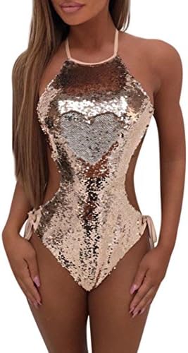 Women Bikini, Neartime Female Sexy Sequins Bandage Jumpsuit Push-Up Padded Bra Beachwear One Piece Swimwear (XL, Pink)