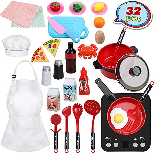 Anpro 32 STK Küchenspielzeug Kinderküchen Spielzeugset, Kochgeschirr Töpfe und Pfannen Set, Obst Gemüse Lebensmittel…