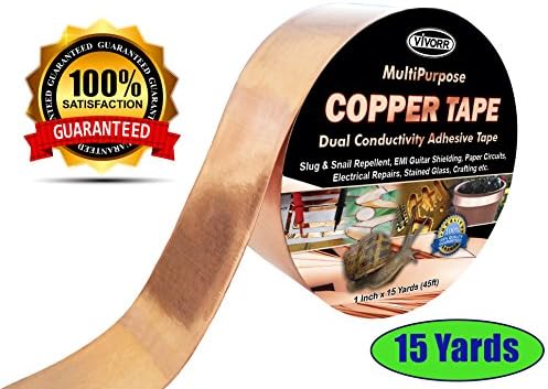 Vivorr Premium Copper Foil Tape, Dual Conductive Adhesive, 1 Inch x 15 Yards (45ft) - Slug &amp; Snail Repellent, EMI Shielding, Electrical Repairs, Paper Circuits, Crafting, Etc - Extra Long Roll