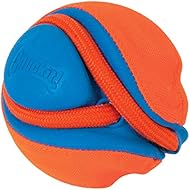 Chuckit! Rope Fetch Dog Toy - Ball on Rope Fetch and Tug-of-War Toy for Dogs - Durable EVA Rubber Construction - 5.5-inch Diameter - 18-inch Rope - Orange and Blue