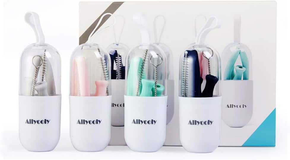 Allyooly Reusable Straws Silicone Straws - Portable Collapsible Straw with Case and Straw Cleaning Brush,20 oz Tumbler Compatible for Travel,Office,Party Favor (Straws with White Case, 8inch)