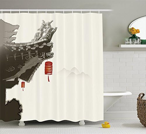 Ancient China Decorations Shower Curtain, Traditional Lantern Hanging From Pavilion Arch Painting Style, Fabric Bathroom Decor Set with Hooks, 70 Inches, Cream Red Grey