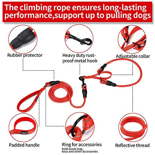 Durable Dog Slip Rope Leash Premium Quality Mountain Climbing Rope Lead, Comfort Traffic Padded Handle Leash and Martingale Training Collar Supports The Strongest Pulling Dogs 3.6 feet (L, Red)