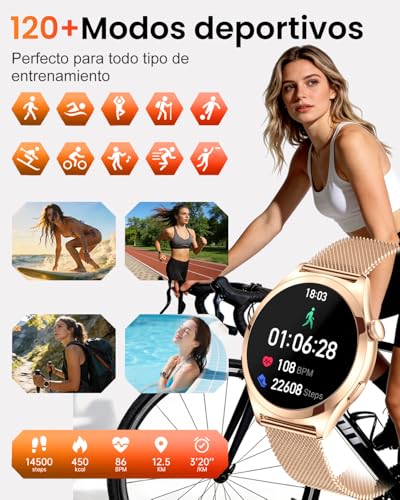 Fitonme Women's Smart Watch Calls, 1.27 Inch HD Curved Screen, SpO2 Sleep Heart Rate Monitor, 120+ Sports Modes, Waterproof IP68, Women's Smartwatch for Android iOS (Rose Gold)