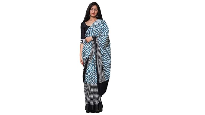 Cotton Hand Block Blue Printed Saree With Blouse