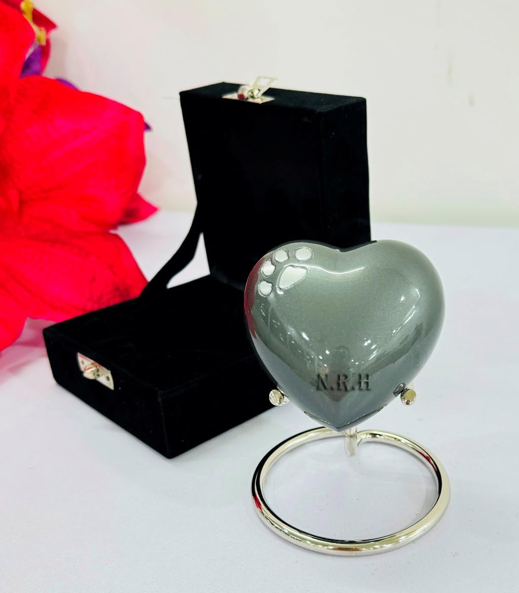 Small Keepsake Heart Cremation Urn For Ashes Mini Heart Foot Print Design Memorial Urn With Stand & Black Valvet Box (Dark Grey)