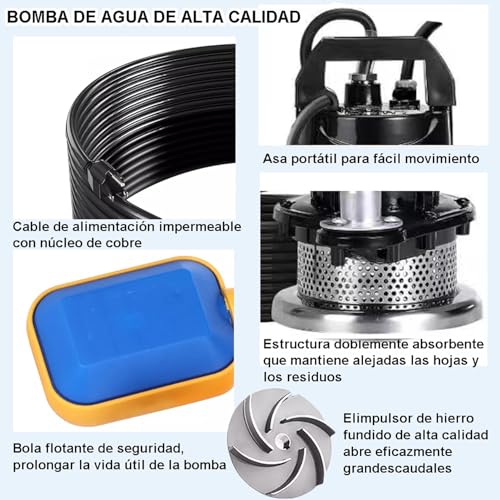 Bomba Sumergible 1.5 HP 1100W, Agua Limpia/Sucia, Bombas Sumergibles Agua Con Línea, Gran Poder De Succión,Toma de Río,Riego de Jardine, Doméstica Color Negro