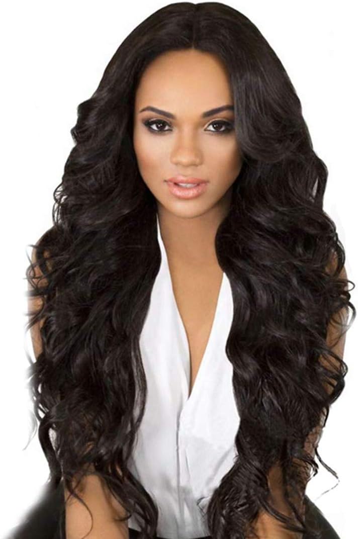 Dark Brown Long Curly Wavy Wig for Women Hair Replacements Wigs with Bangs Synthetic Fiber Hair Wig Natural as Real Hair Daily Party Cosplay Costume Wigs (Dark Brown)