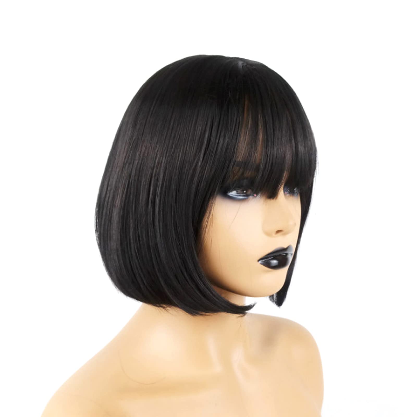 TongTaiXie Black Bob Wig for Women, Synthetic Short Straight Wigs with Flat Bangs, Daily Party Cosplay Halloween Hair Wigs for Women Ladies Girls
