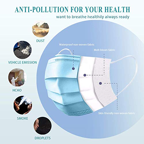50 Pcs Disposable Face Mask, Breathable Face Masks 3 Ply Protection for Blocking Dust Air Pollution, Daily Protective facemask Bulk for Adult, Men, Women, Indoor, Outdoor Use